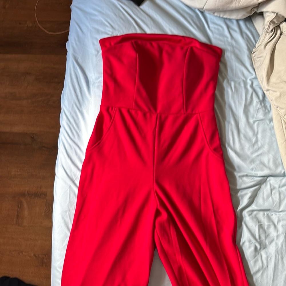 Red strapless jumpsuit